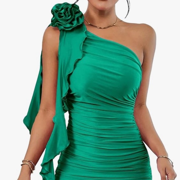 Green One Shoulder Sleeveless Ruffle Trim Mini - Picture 4 of 5
